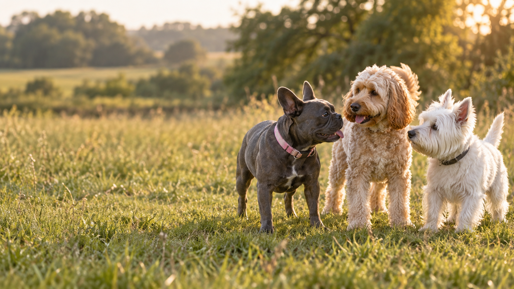 A dark grey French bulldog wearing a pink collar, a cream cockapoo and a West Highland terrier making friends in a sunlit meadow