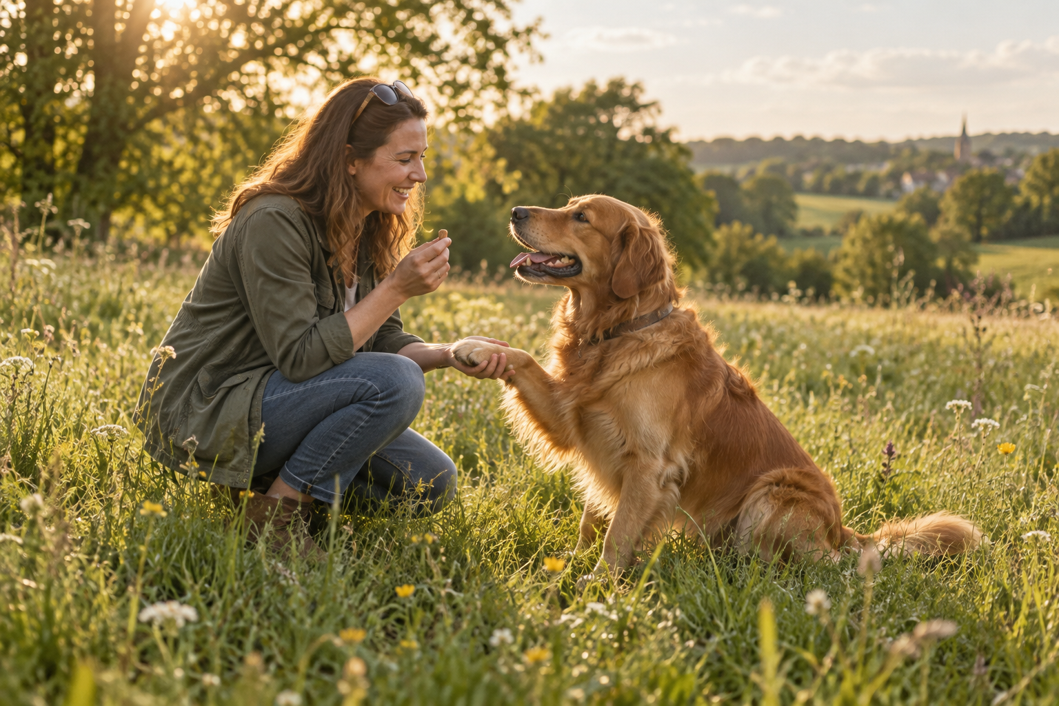 A woman and golden retriever enjoying a playful reward-based training moment